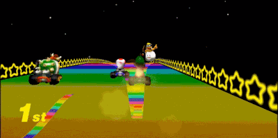 gif of the track rainbow road with everyone jumping ahead of luigi